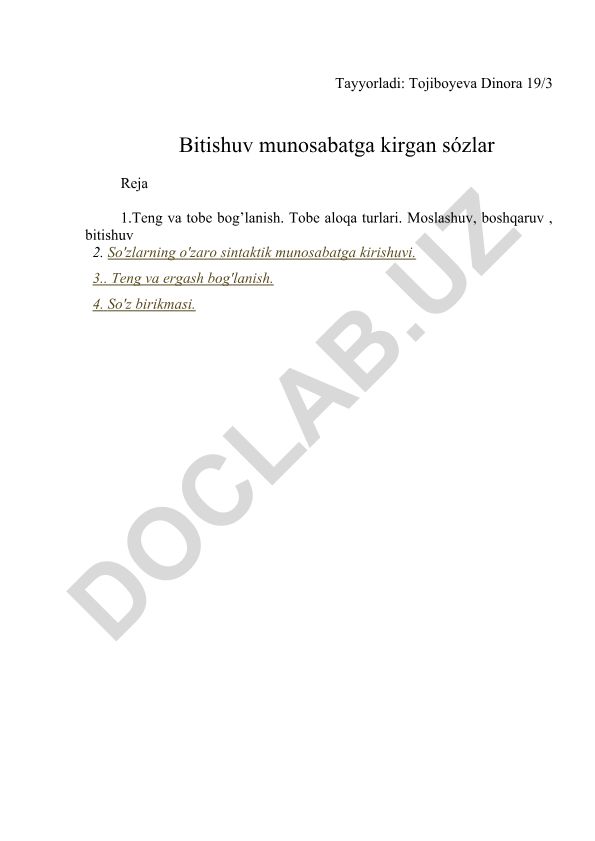 Teng va tobe bog'lanish turlari va so'z birikmalari