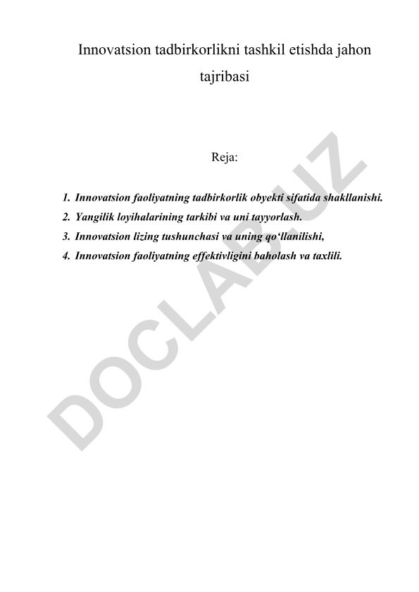 Innovatsion tadbirkorlikni tashkil etishda jahon tajribasi
