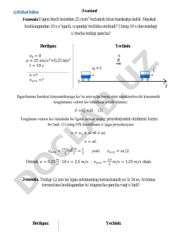Fizika masalalari yechimi: ilgarilanma harakat kinematikasi