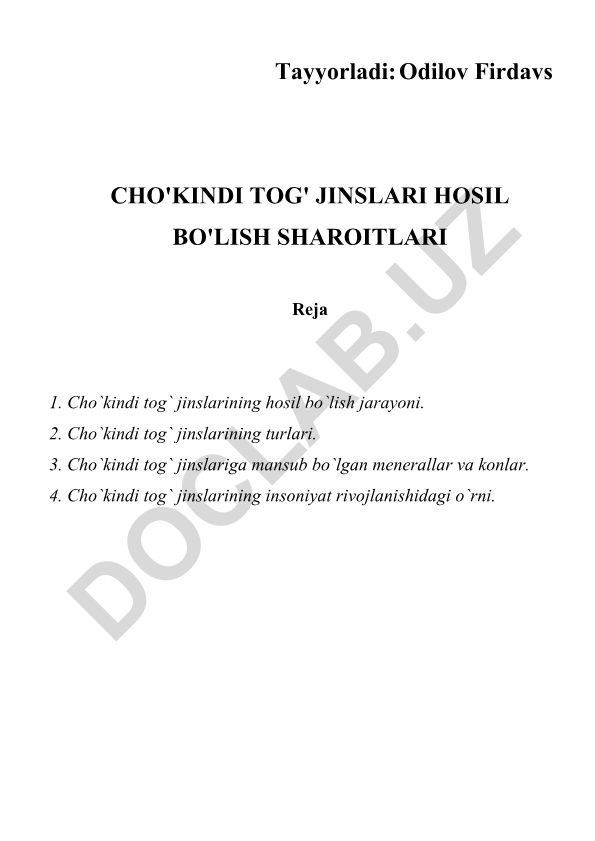Cho'kindi tog' jinslari hosil bo'lish sharoitlari
