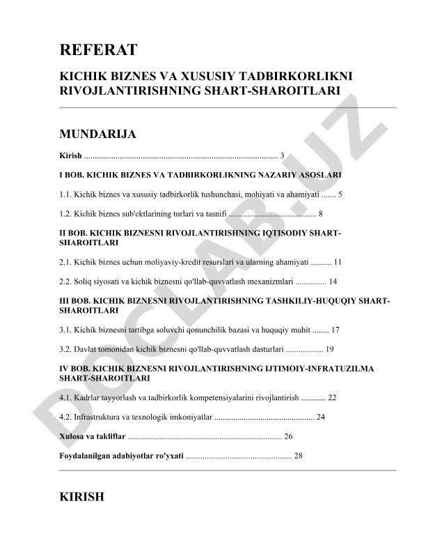 Kichik biznes va xususiy tadbirkorlikni rivojlantirishning shart-sharoitlari