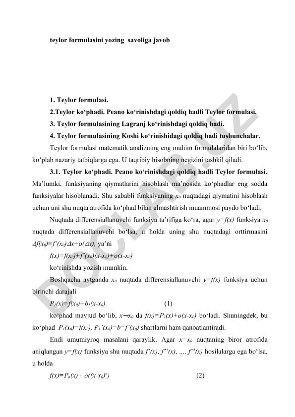 Teylor formulasi va uning qoldiq hadlari