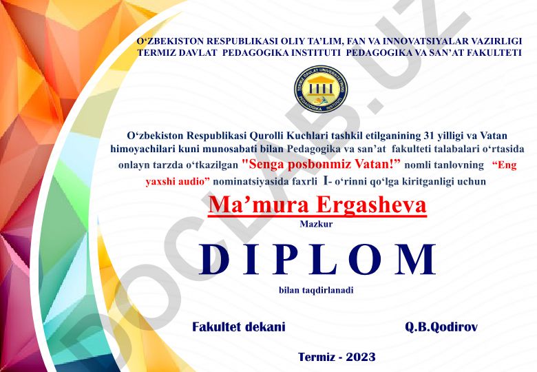 Vatan himoyachilari kuni munosabati bilan o'tkazilgan tanlov diplomlari