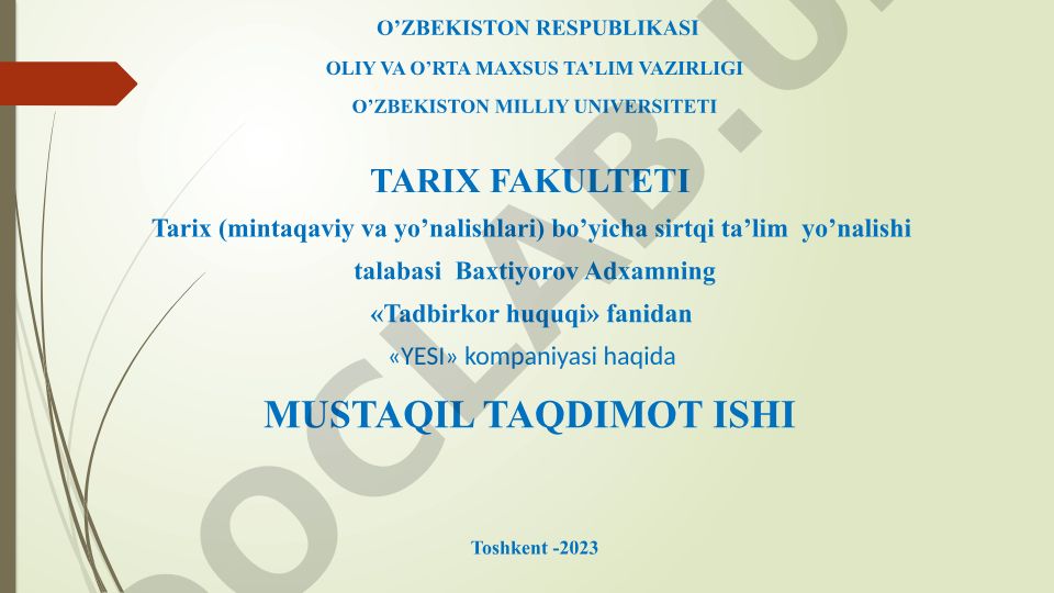 YESI kompaniyasi haqida mustaqil taqdimot ishi