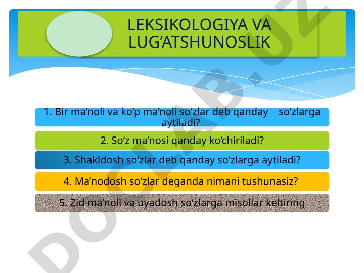 Leksikologiya va lug'atshunoslik bo'yicha mashqlar va savollar