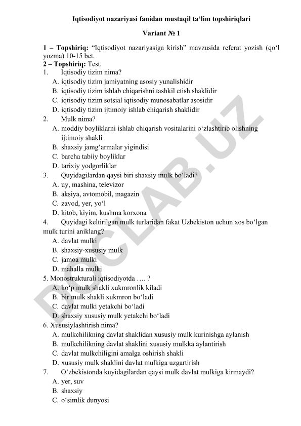 Iqtisodiyot nazariyasiga kirish mavzusida referat va test topshiriqlari