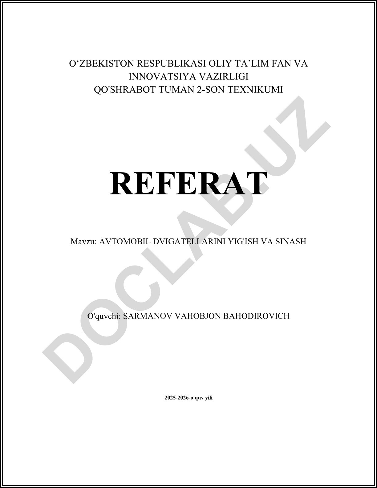 Avtomobil dvigatellarini yig'ish va sinash