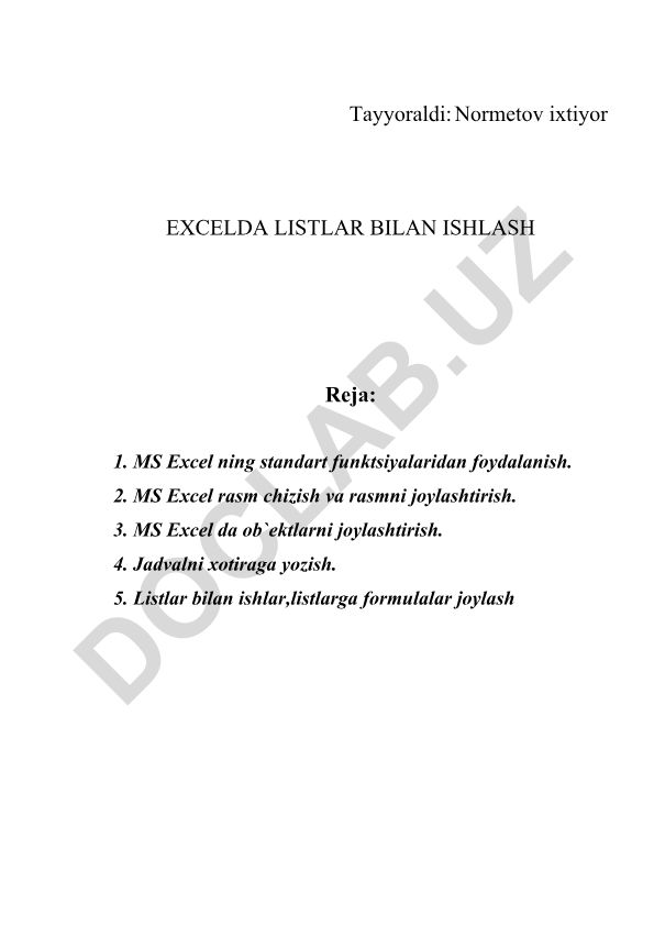 MS Excel da listlar bilan ishlash va yacheykalarni boshqarish