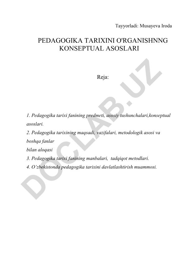 Pedagogika tarixini o'rganishning konseptual asoslari