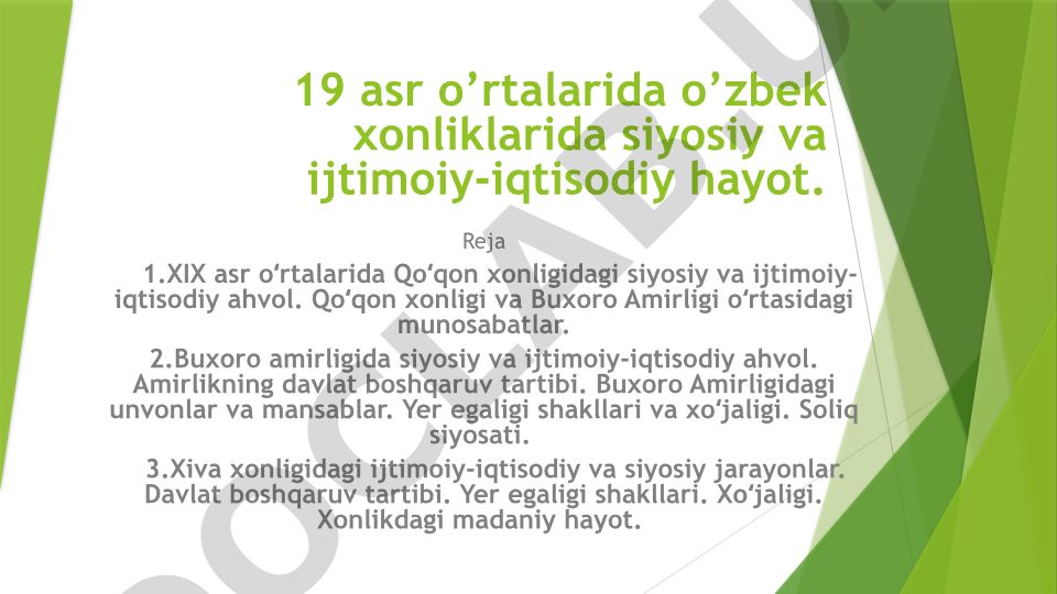 19-asr o'rtalarida o'zbek xonliklarida siyosiy va ijtimoiy-iqtisodiy hayot