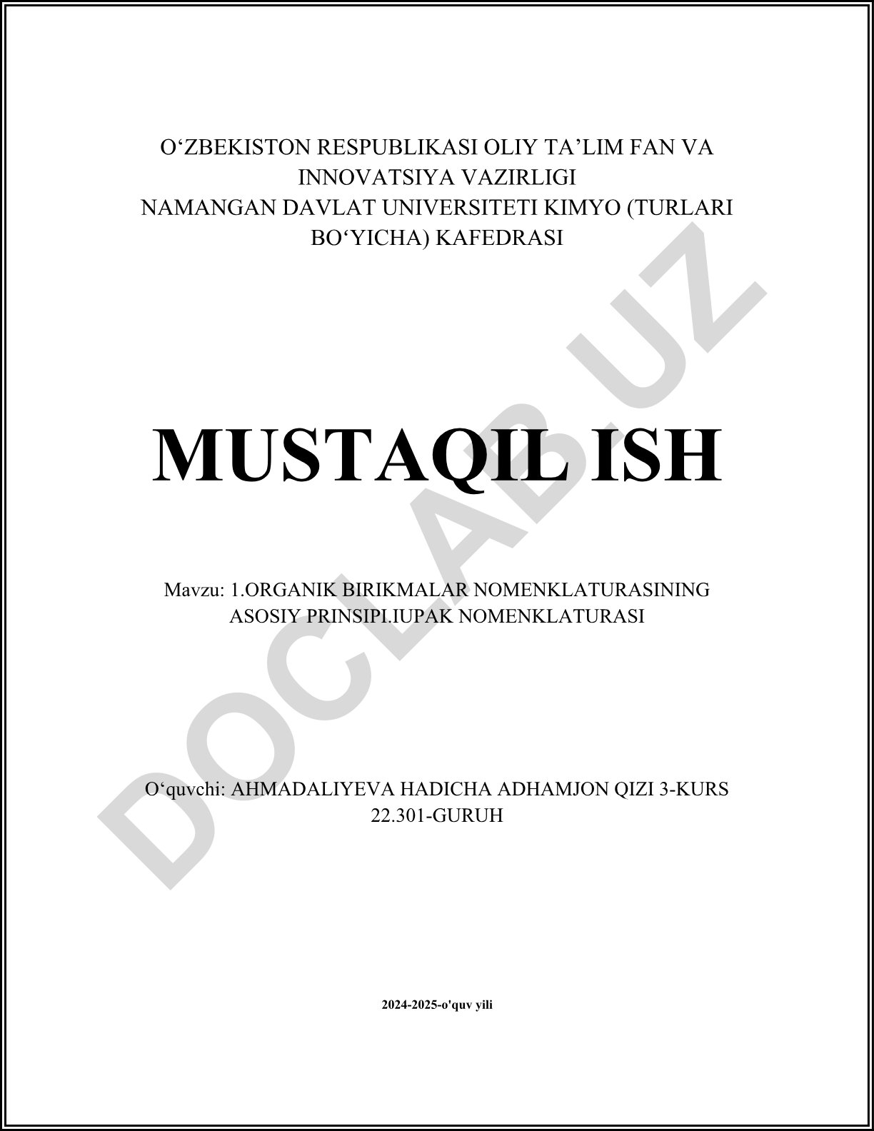 Organik birikmalar nomenklaturasining asosiy prinsipi va IUPAC nomenklaturasi