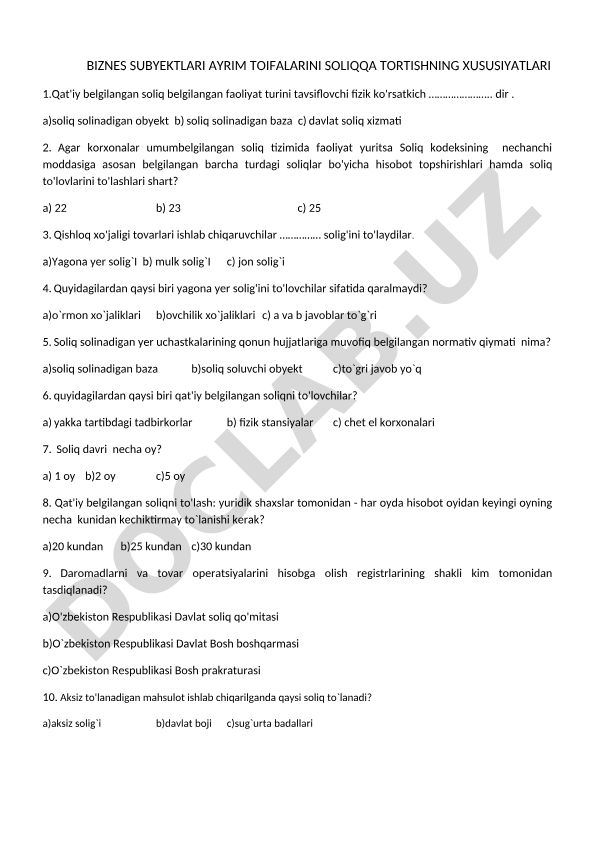 Biznes subyektlari ayrim toifalarini soliqqa tortishning xususiyatlari