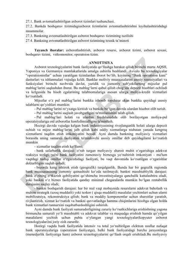 Bank avtomatlashtirilgan axborot tizimlari va ularni loyihalashtirish