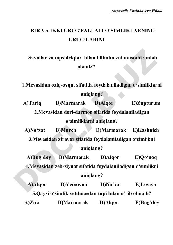 Bir va ikki urug'pallali o'simliklar urug'lari savollar va topshiriqlar
