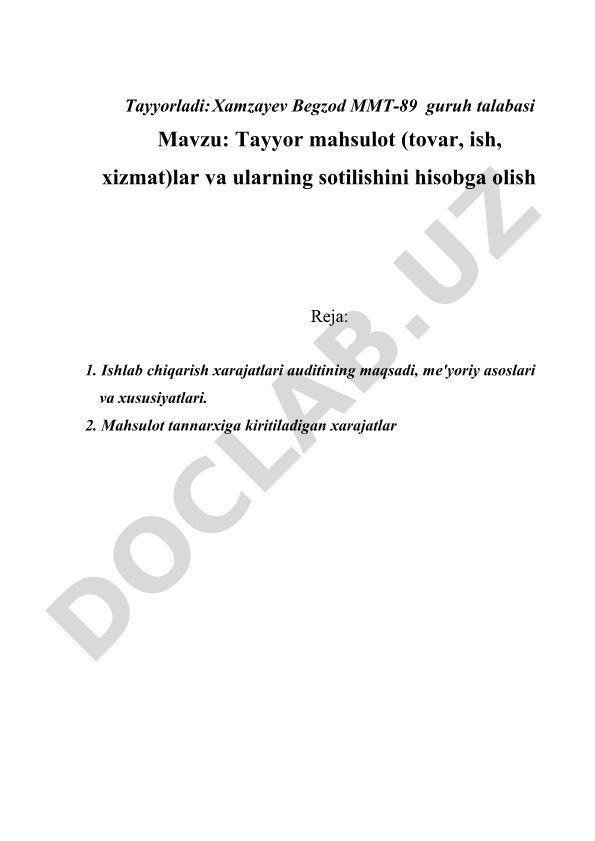 Tayyor mahsulotlar va ularning sotilishini hisobga olish