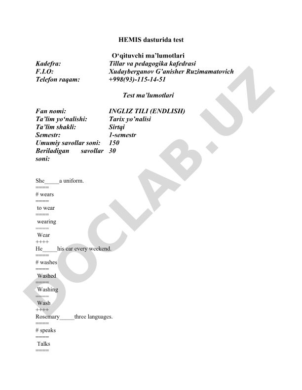 Ingliz tili test savollari va javoblari