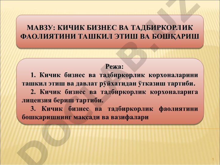 Кичик бизнес ва тадбиркорлик фаолиятини ташкил этиш ва бошқариш