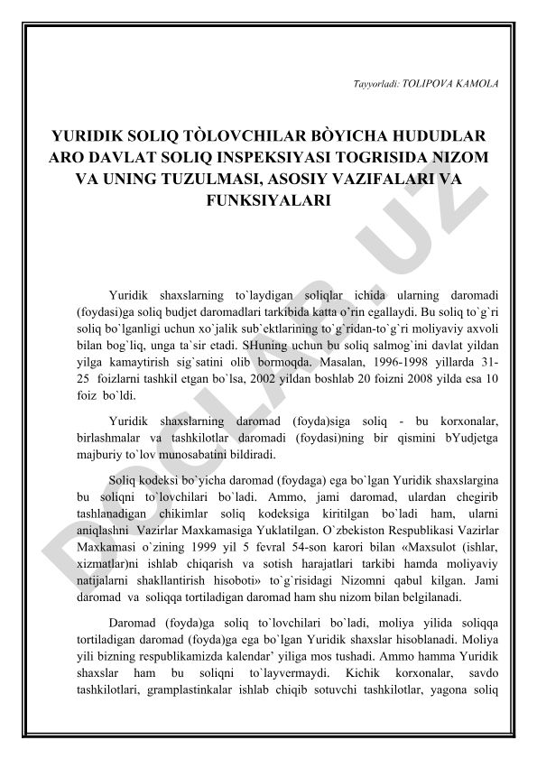 Yuridik soliq to'lovchilar bo'yicha hududlar aro davlat soliq inspeksiyasi to'g'risida nizom