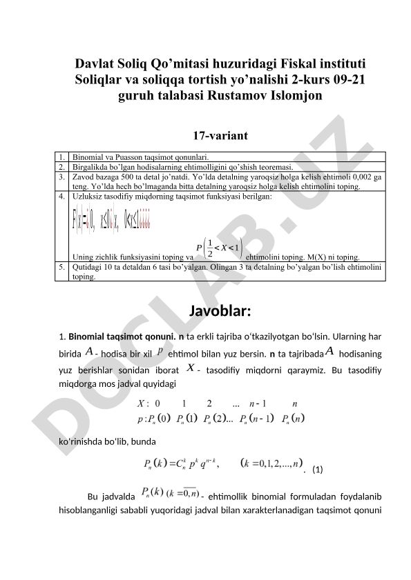 Binomial va Puasson taqsimot qonunlari, ehtimollik nazariyasi masalalari