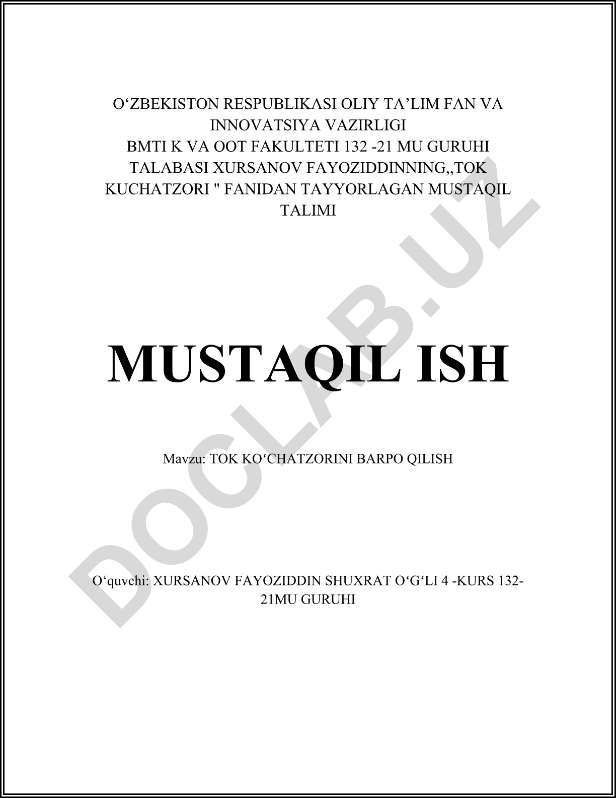 TOK KOʻCHATZORINI BARPO QILISH