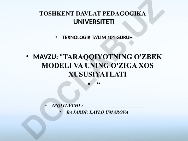 Taraqqiyotning O'zbek modeli va uning o'ziga xos xususiyatlari