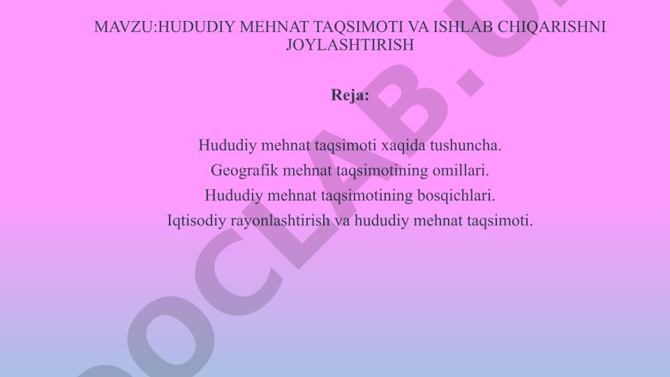 Hududiy mehnat taqsimoti va ishlab chiqarishni joylashtirish