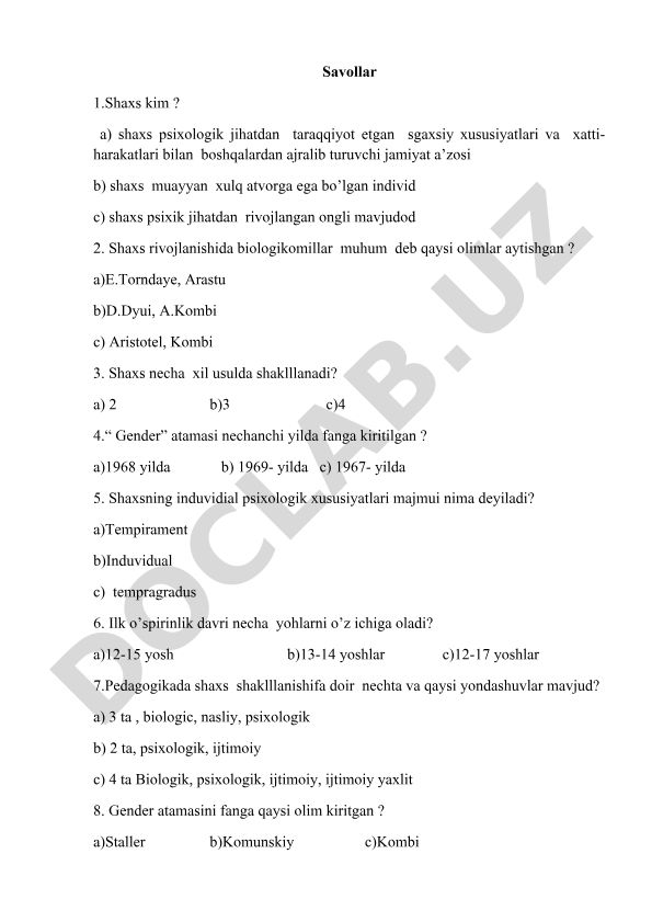 Shaxs psixologiyasi va rivojlanishi test savollari