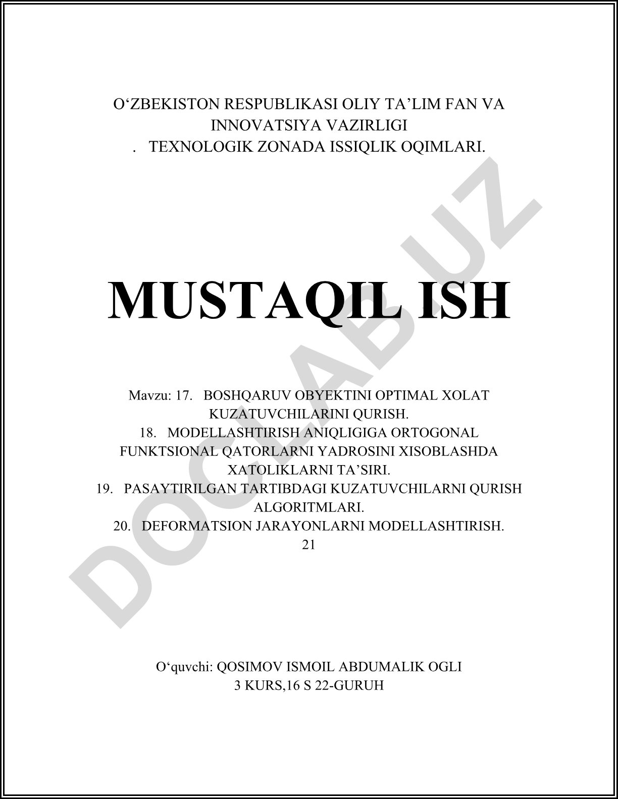 Boshqaruv obyektini optimal xolat kuzatuvchilarini qurish va modellashtirish
