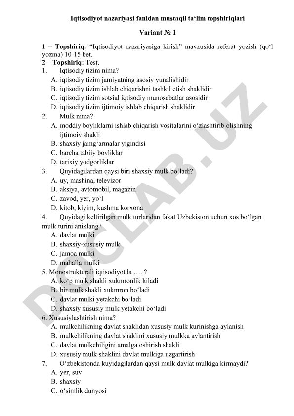 Iqtisodiyot nazariyasiga kirish mavzusida referat va test topshiriqlari