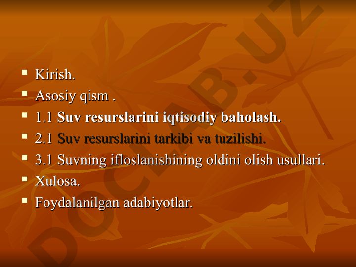 Suv resurslarini iqtisodiy baholash va ifloslanishning oldini olish