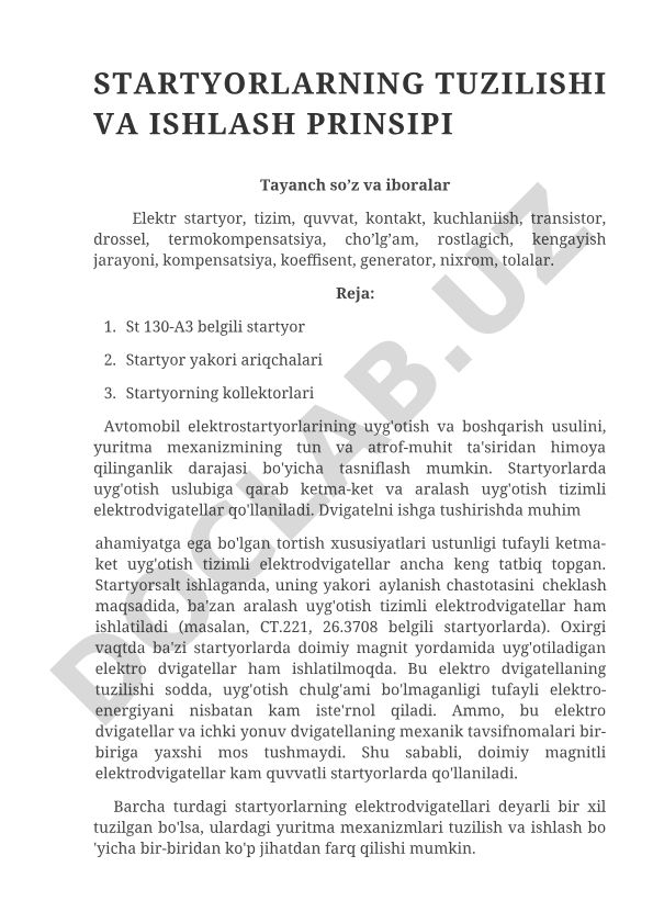 Avtomobil startyorlarining tuzilishi va ishlash prinsipi