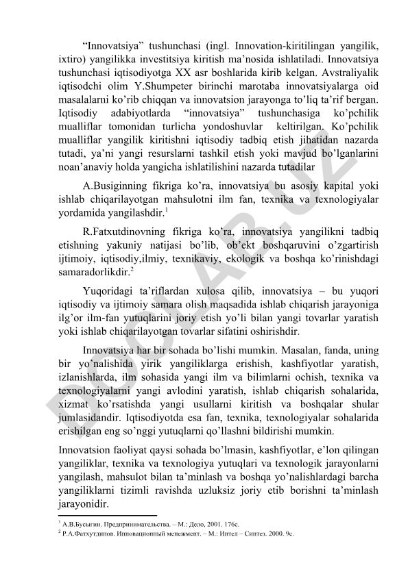 Innovatsiya tushunchasi va uning iqtisodiyotdagi ahamiyati