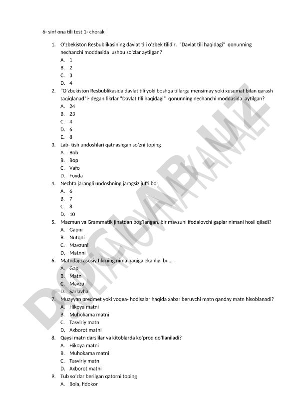 6-sinf ona tili fanidan 1-chorak test savollari