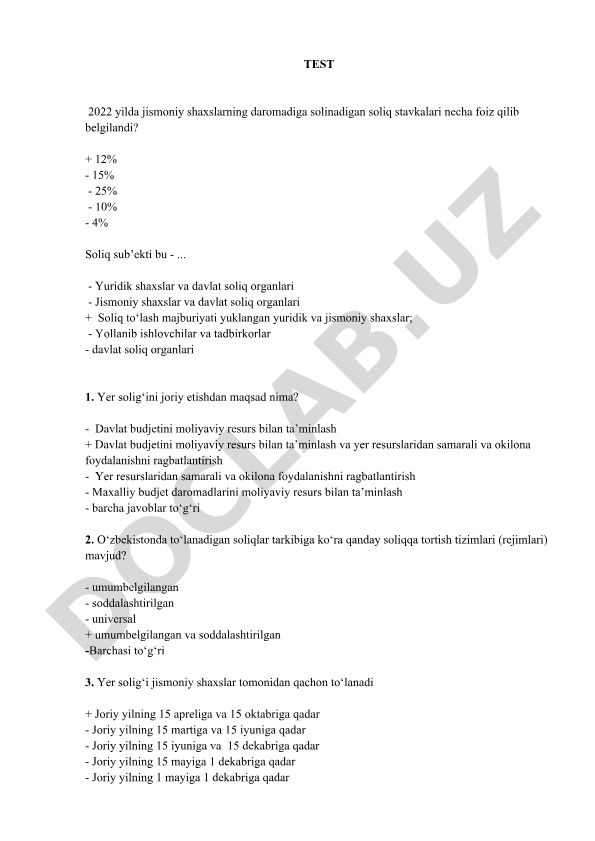 Soliq huquqi test savollari va javoblari