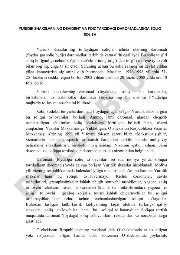 Yuridik shaxslarning dividend va foiz daromadlariga soliq solish