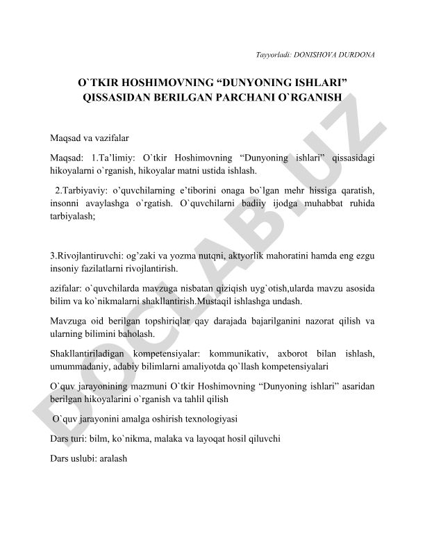 O'tkir Hoshimovning "Dunyoning ishlari" qissasidagi hikoyalarni o'rganish