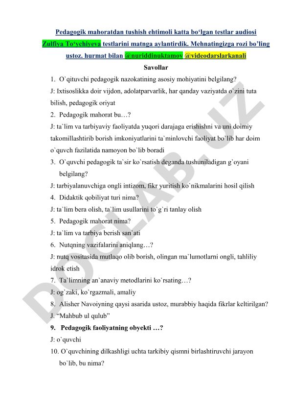 Pedagogik mahorat va o'qituvchi fazilatlari test savollari