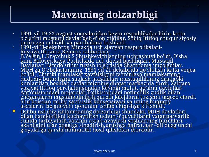 MDH tashkil etilishi va O'zbekistonning xavfsizlik siyosati