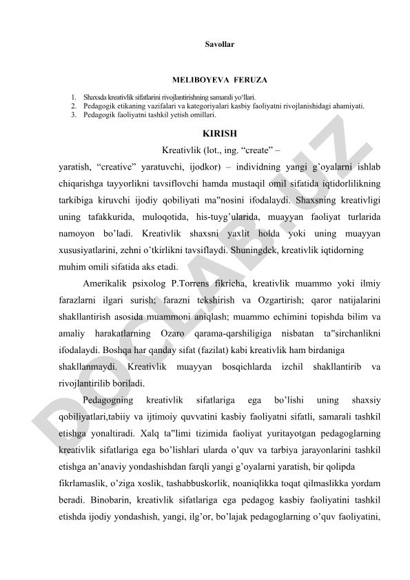 Shaxsda kreativlik sifatlarini rivojlantirishning samarali yo‘llari