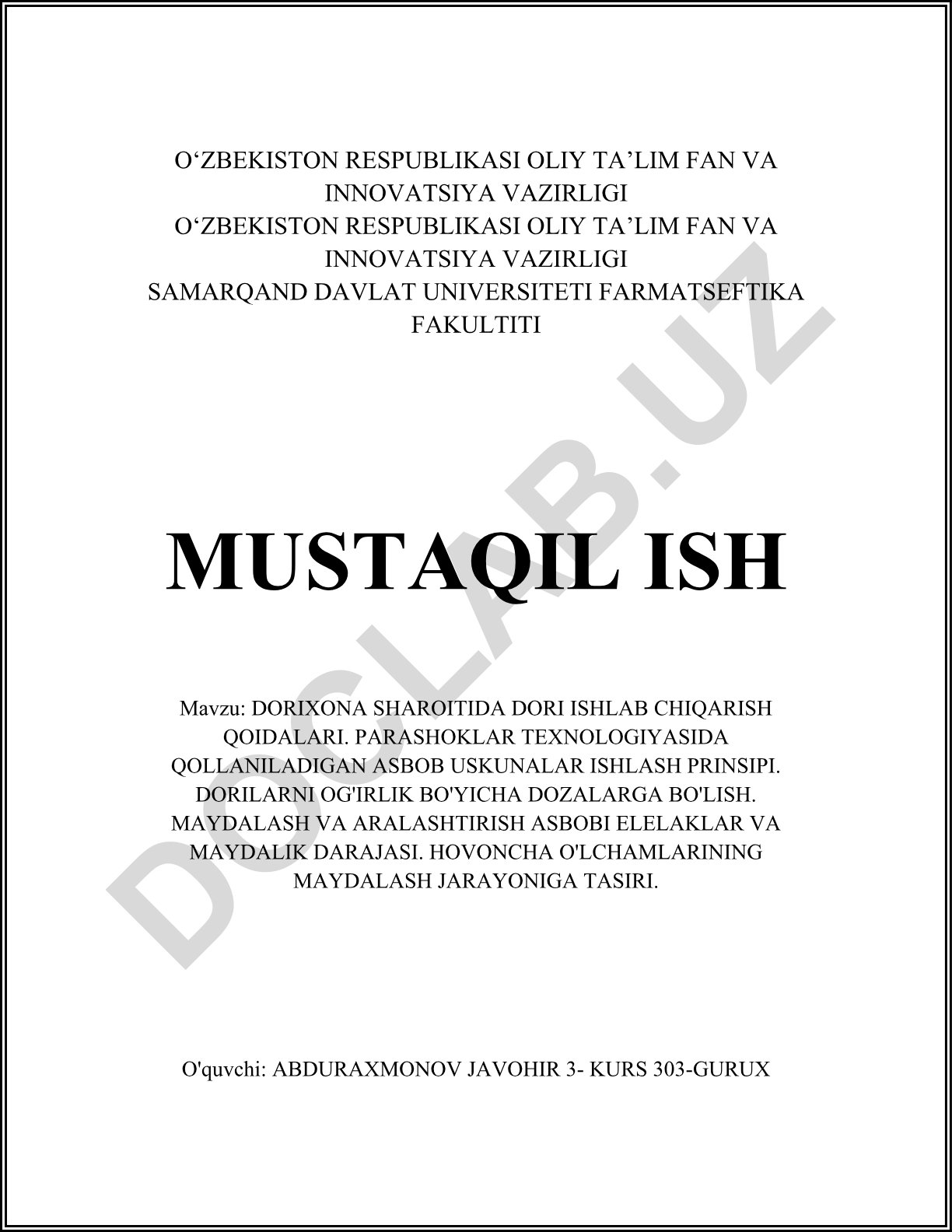 Dorixona sharoitida dori ishlab chiqarish qoidalari va parashoklar texnologiyasi