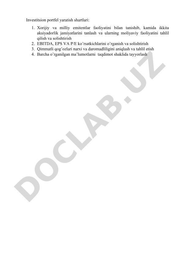 Investitsion portfel yaratish shartlari va moliyaviy tahlil