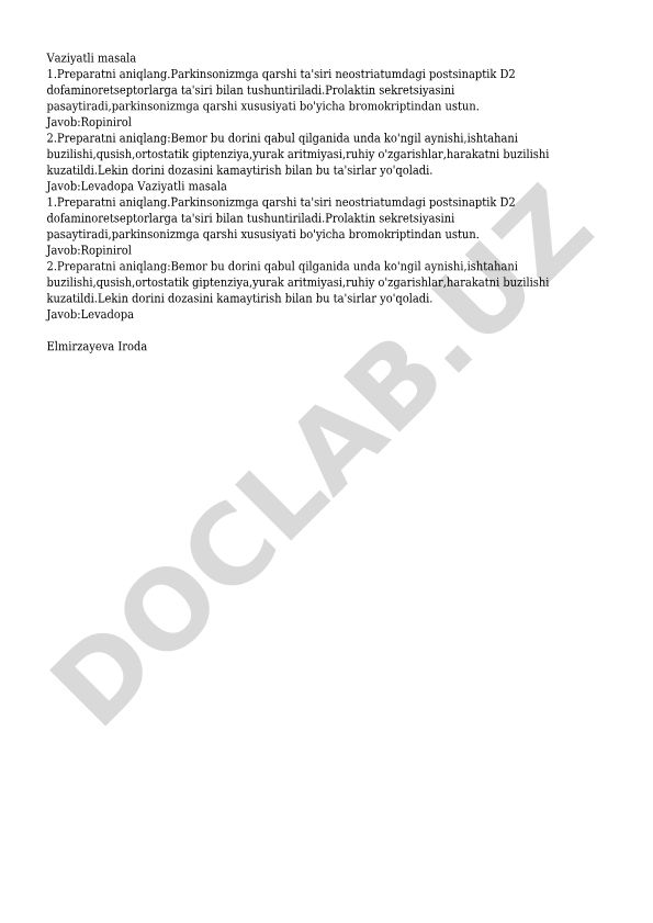 Parkinsonizmga qarshi preparatlar va ularning ta'siri