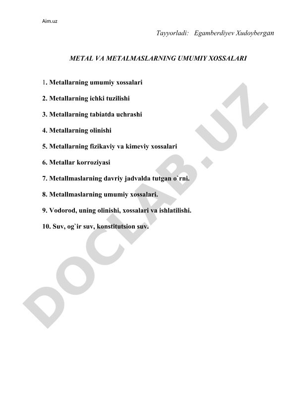 Metall va metallmaslarning umumiy xossalari