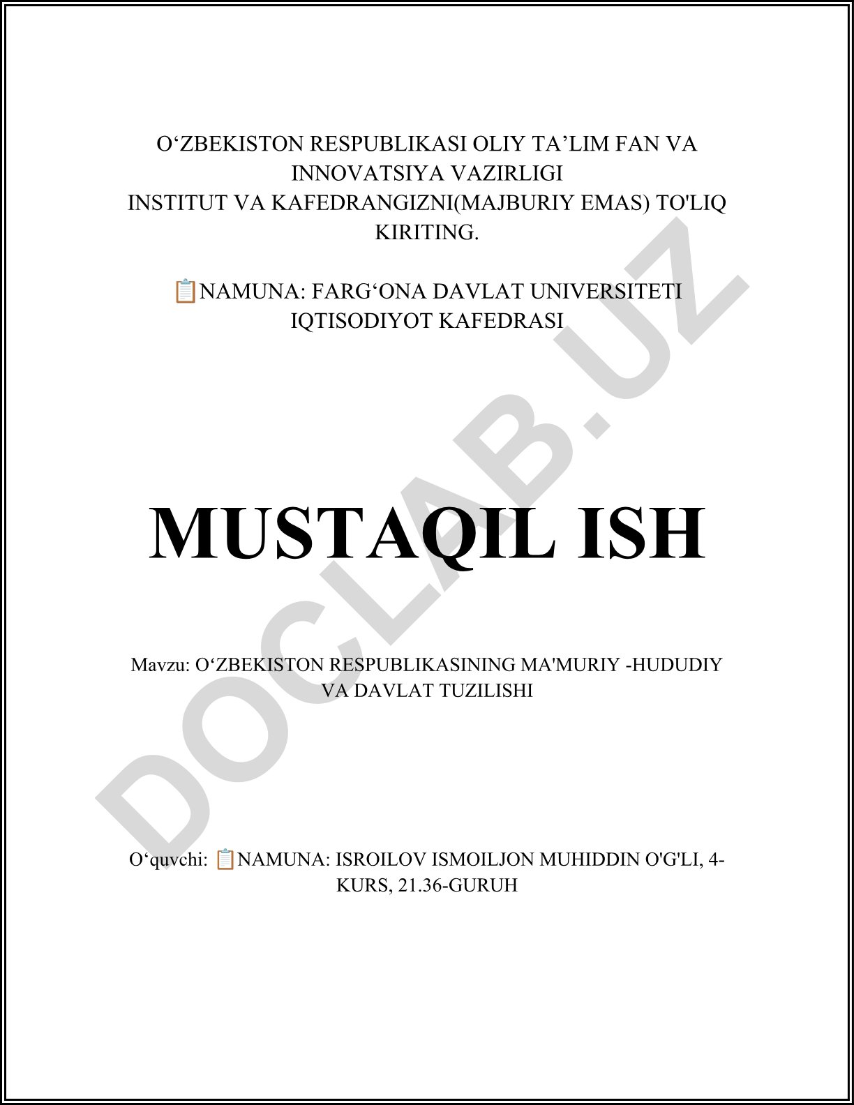 Oʻzbekiston Respublikasining ma'muriy-hududiy va davlat tuzilishi