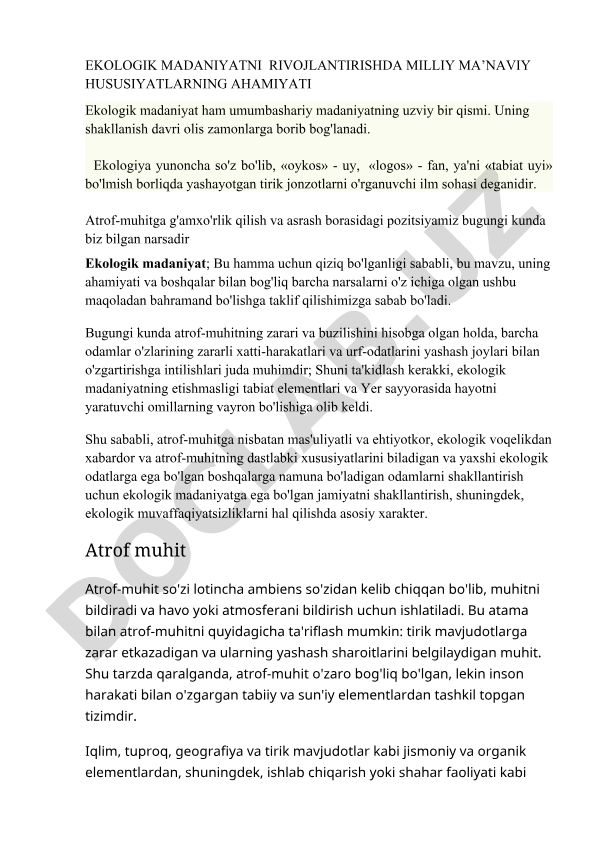 Ekologik madaniyatni rivojlantirishda milliy ma’naviy hususiyatlarning ahamiyati