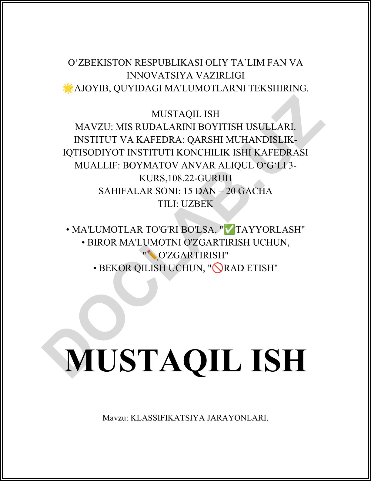 MIS rudalarini boyitish usullari va klassifikatsiya jarayonlari