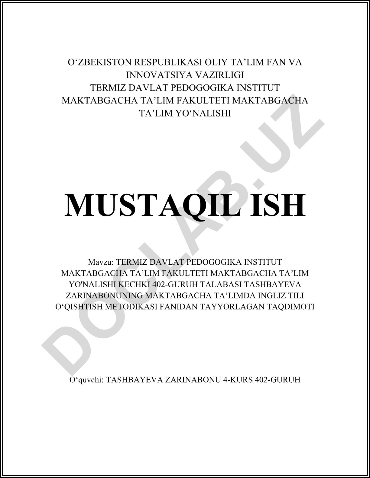 Maktabgacha ta'limda ingliz tili o'qitish metodikasi