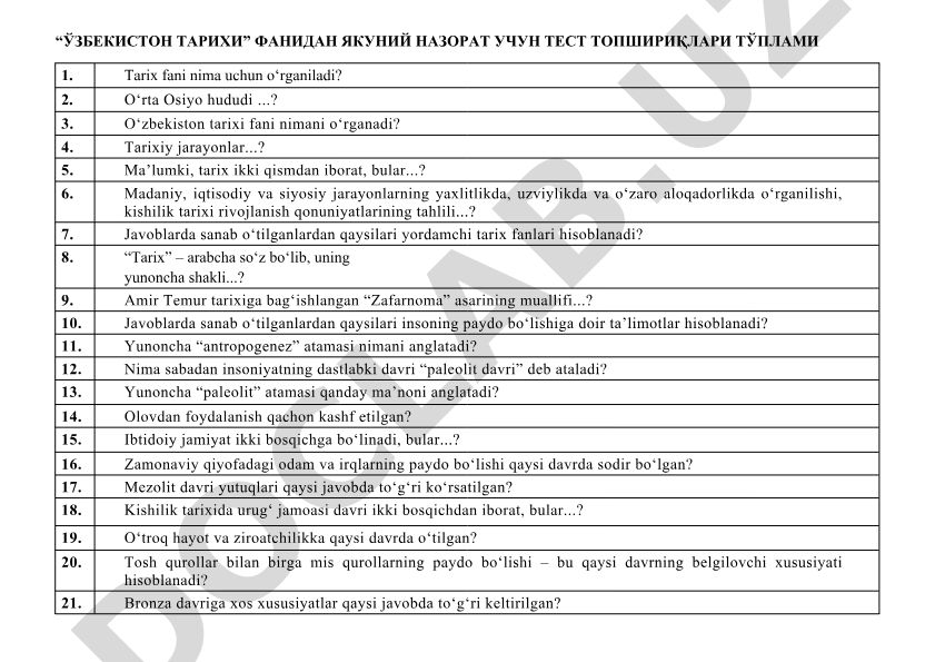 Ўзбекистон тарихи фандан якуний назорат учун тест топшириқлари