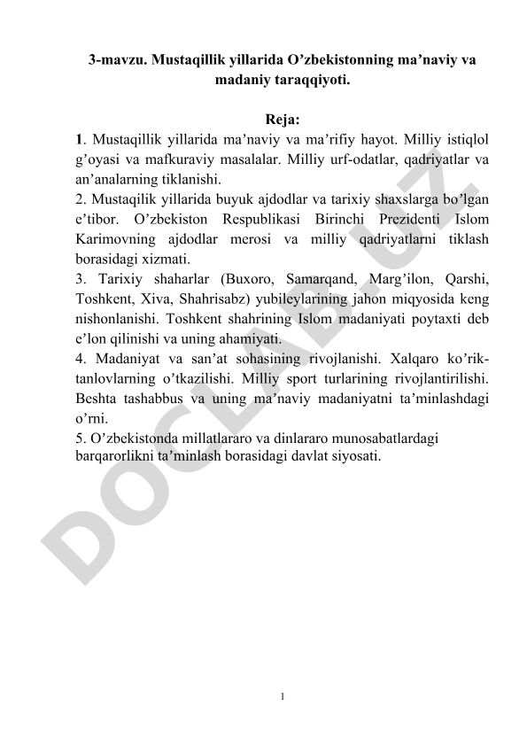 Mustaqillik yillarida O'zbekistonning ma'naviy va madaniy taraqqiyoti
