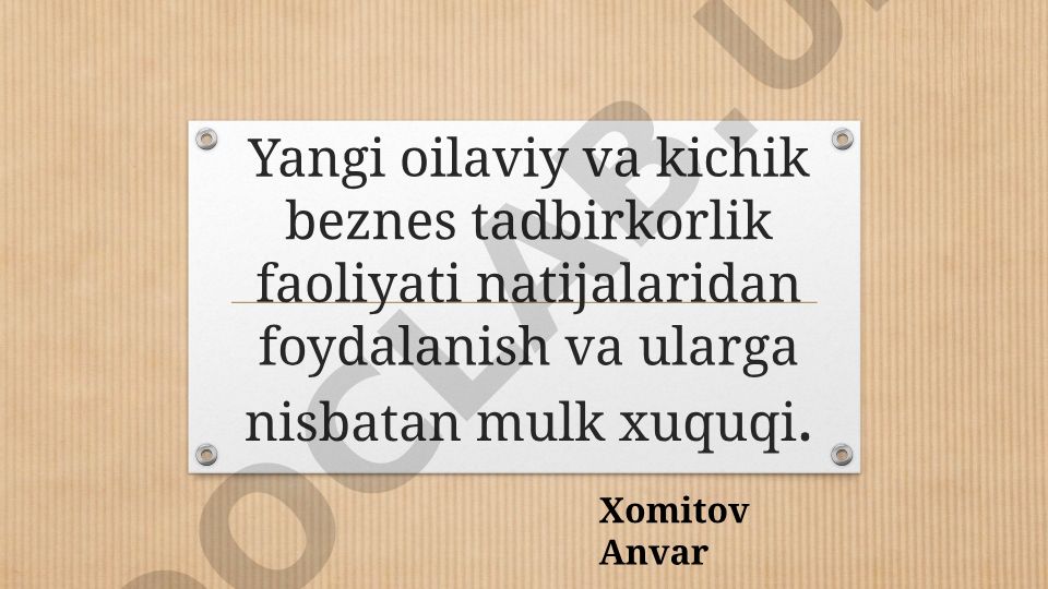 Yangi oilaviy va kichik biznes tadbirkorlik faoliyatida mulk huquqi